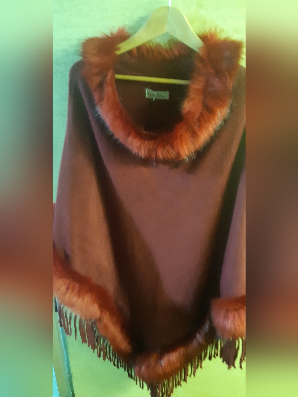 NWT Fall Bliss Red Knit Sweater Cape With Faux Fur And Tassels with Branded Tag